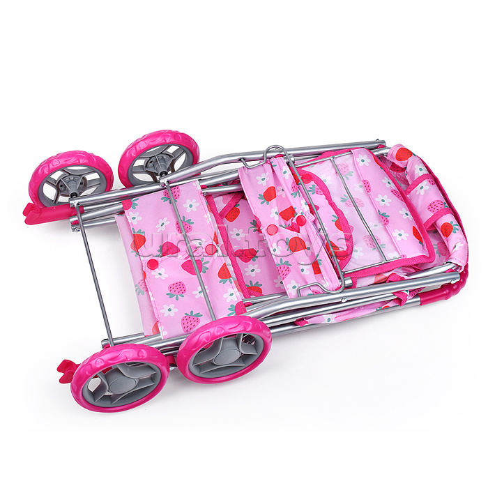Коляска для кукол, для двойни, металлическая, складная, цвет клубнички на розовом