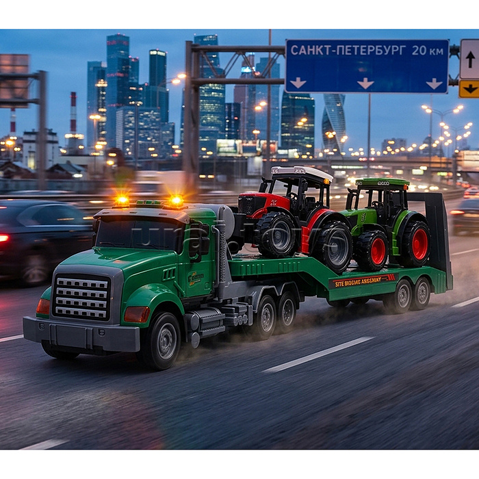 Набор Автовоз "Американский зелёный тягач с двумя тракторами" в коробке