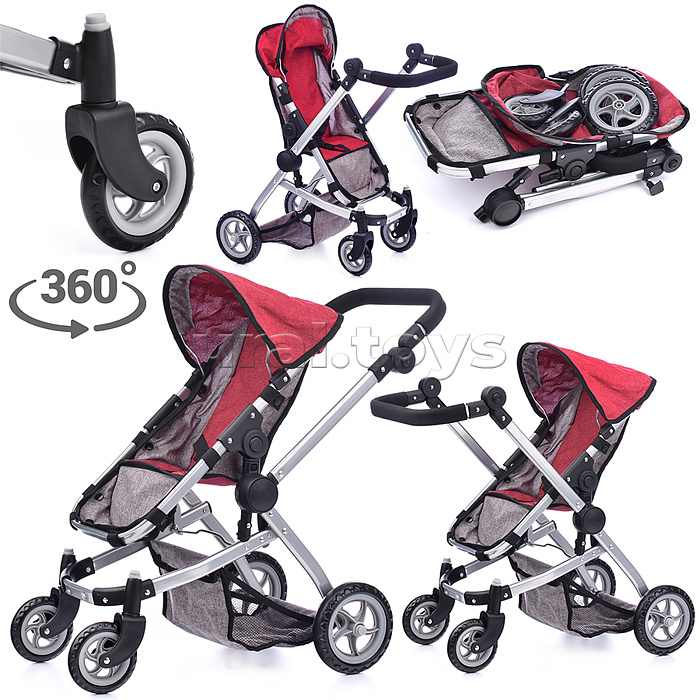 Коляска для кукол прогулочная, металлическая, цвет бордово-серый