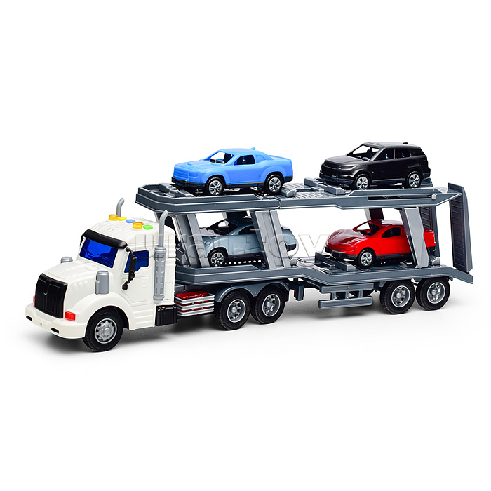 Профи, автомобиль-тягач с полуприцепом-автовозом инерционный (со светом и звуком) + автомобиль "Оптима" (4шт) (в коробке)