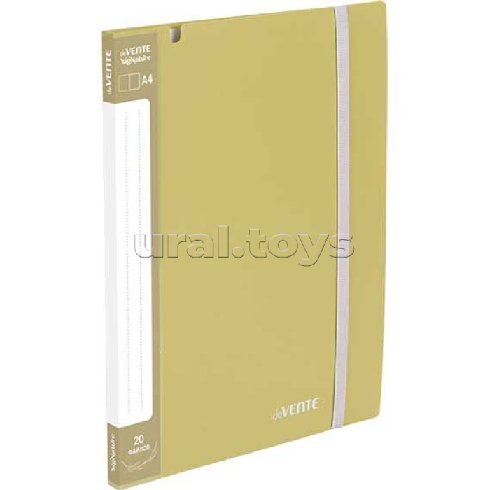 Папка с 20 вкладышами A4 "SigNature" A4 (235x310x15 мм) полипропилен 650 мкм, фактура "ткань" вкладыши 30 мкм, внутренний карман 160 мкм, широкая резинка, индивидуальная упаковка, оливковая