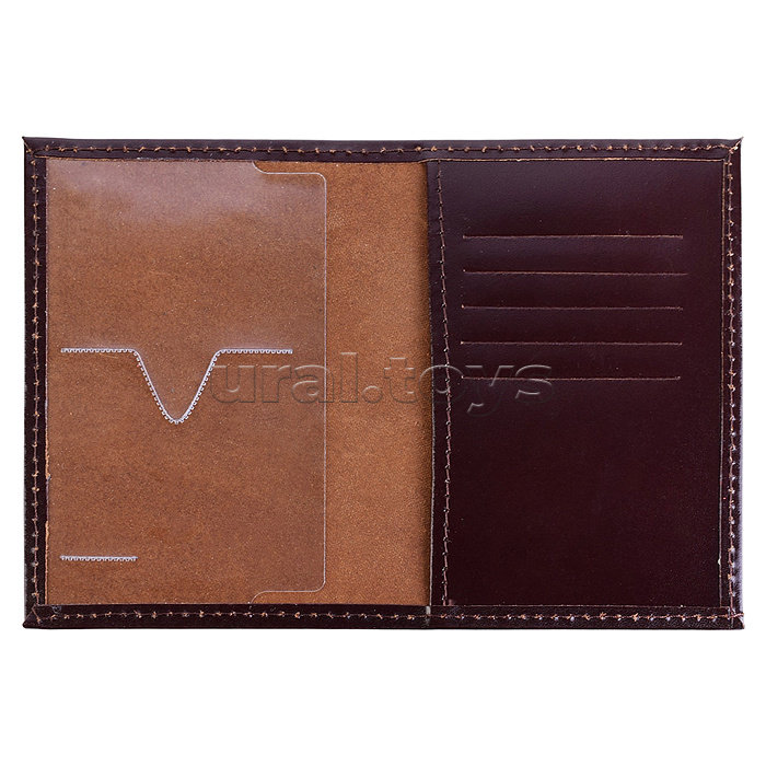 Обложка для паспорта "Attomex" 97x140 мм, натуральная кожа шик гладкая, прозрачный ПВХ клапан с отделом ля карты и кожаный клапан с 3-мя карманами для карт, коричневая, индивидуальная упаковка