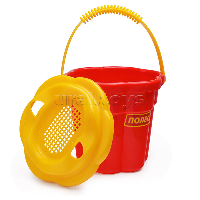 Набор №307: ведро-цветок среднее №3, ситечко-цветок среднее №3, лопатка №5, грабельки №5, формочки (краб №2 + морской конёк + ракушка №2 + черепаха)