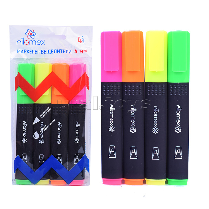Набор маркеров-выделителей "Attomex" (4 цв - желт, зел, оран, роз) плоский корпус с клипом, скошенный наконечник, ширина линии 1-4 мм, в пластиковом блистере