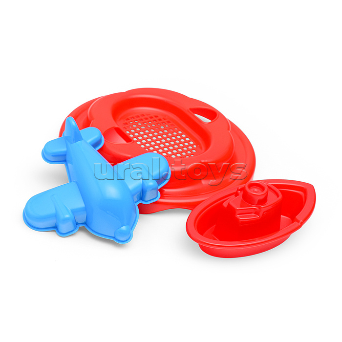 Набор Disney «Микки и Весёлые гонки» №12: ведро с наклейкой, ситечко "Солнышко", лопатка №5, грабельки №5, формочка (самолёт), кораблик "Юнга", лейка №10