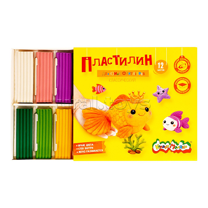 Пластилин классический 12 цв. "Для юных фантазеров" 180 г ассорти со стеком
