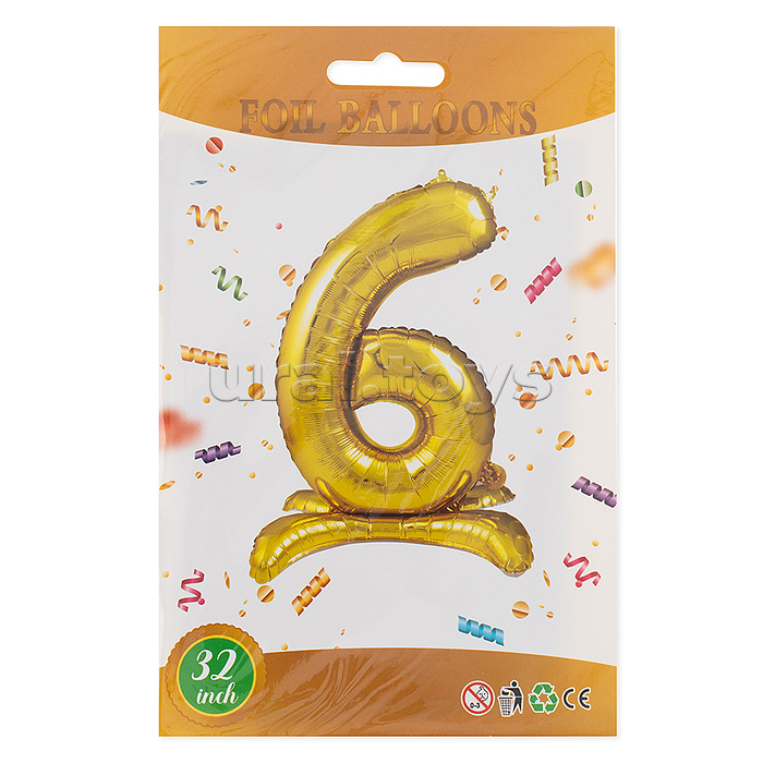 Шар (32''/81 см) Цифра на подставке, 6, Золото, 1 шт. в уп.
