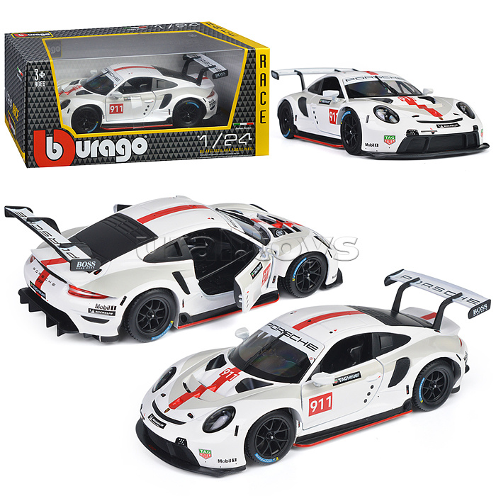 Гоночная машинка die-cast Porsche 911 RSR, 1:24, белая, открывающиеся двери