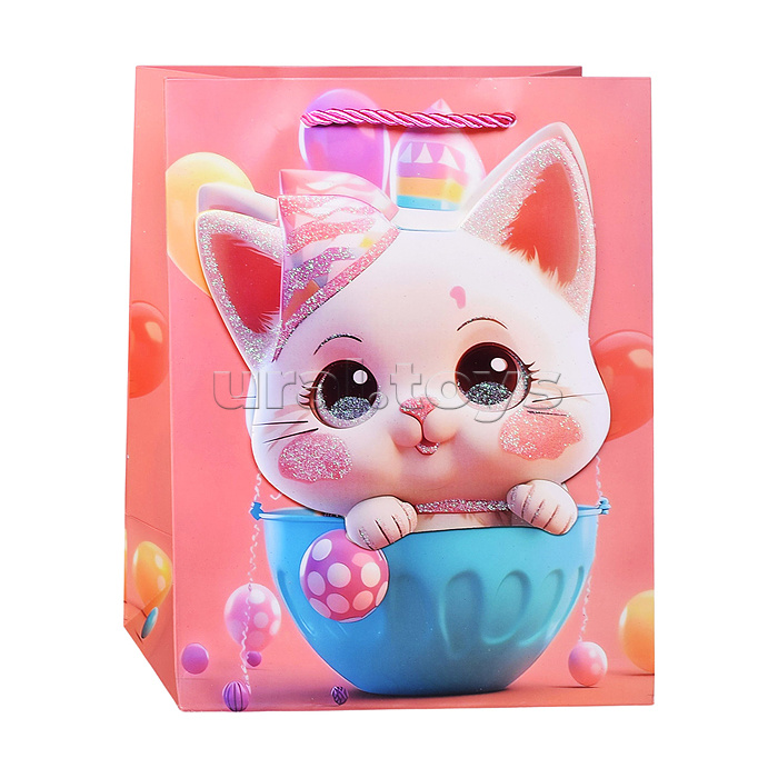 Пакет подарочный с матовой ламинацией и глиттером 3Dэл. 18х23х10 см (М) Котик в чашке, 210 г