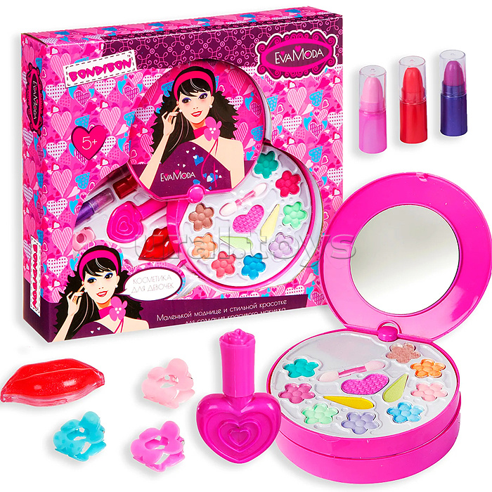 Набор детской декорат. косметики Eva Moda, BOX 26,8х25х4,8см, косметичка-диск 2-уровневая с зеркальцем, тенями для век (11 оттенков; 7,8г), блеском для губ (0,6г), лаком для ногтей (8г), помадами (3 цвета; 2,4г) и 3-мя заколками