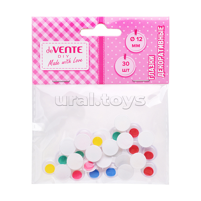 Глазки декоративные круглые пластиковые, самоклеящиеся, цвет ассорти 30шт, 12 мм в пластиковом пакете с блистерным подвесом