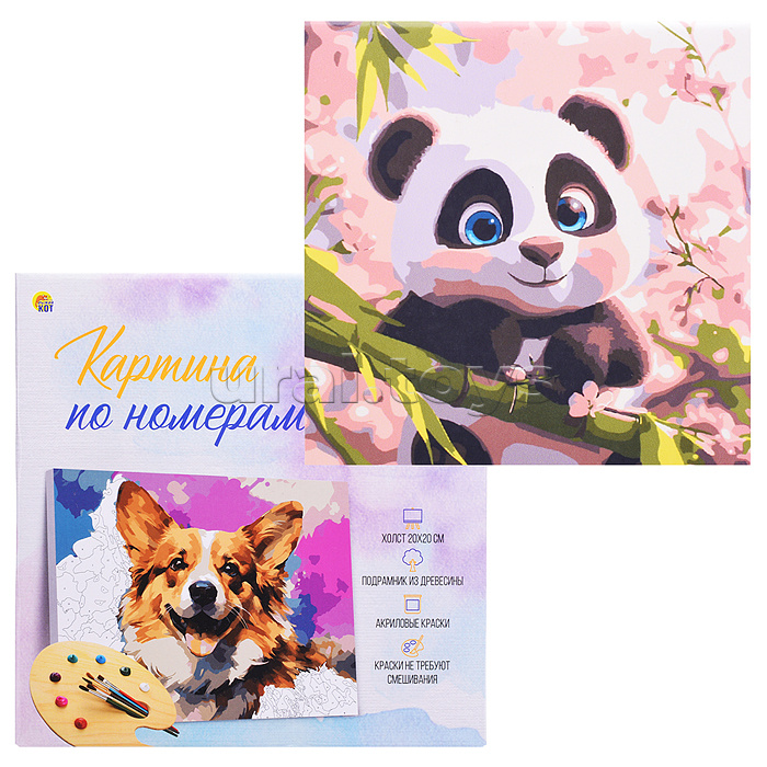 Холст с красками 20х20 по номерам "Милая панда на ветке" в коробке (16цв.)