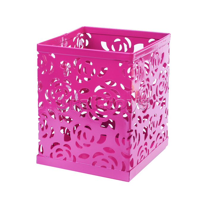 Подставка для пишущих принадлежностей 8x8x9,8 см, квадратный, ажурный сетчатая металлическая, ярко-розовый