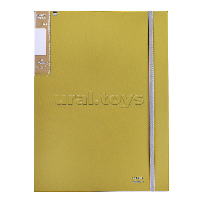 Папка с 020 вкладышами A3 "SigNATURE" A3 (320x435x15 мм) полипропилен 650 мкм, фактура "ткань" вкладыши 30 мкм, внутренний карман 160 мкм, широкая резинка, индивидуальная упаковка, оливковая