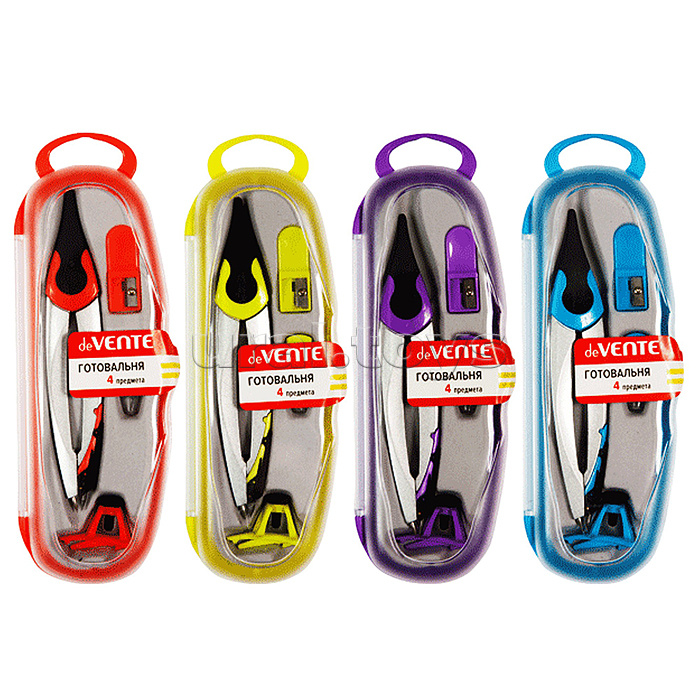 
Готовальня (4 предмета) цветной корпус, в пластиковом футляре с блистерным подвесом, ассорти 4 цвета