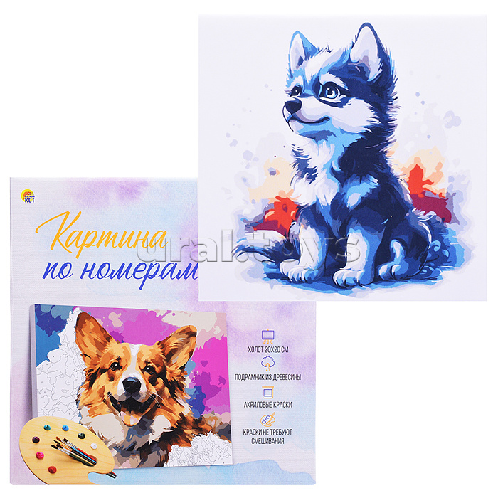 Холст с красками 20х20 по номерам "Красочный малыш хаски" в коробке (16цв.)