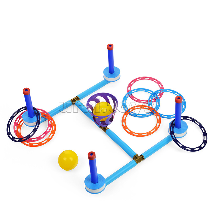 Плавающий кольцеброс - шароброс 3в1 (дом/улица/вода). 4 стойки + 8 колец, 1корзинка + 2 мяча, клин - 5 шт, поплавок - 4шт.