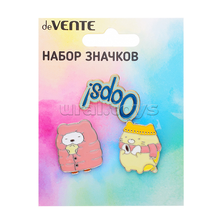 Набор значков "Kawaii" эмалированные, размер изделий: кот 2,16x2,5 см, Oops 2,9x2,3 см, кот 2,07x 2,5см, на карточке 7,0x9,5 см с пластиковым пакетом