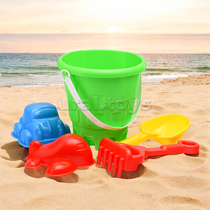Набор песочный №13 (ведро+лопатка+грабли+2 формочки транспорт)