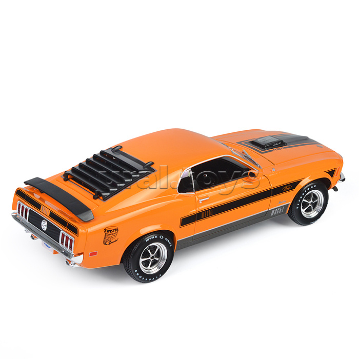 Машинка die-cast 1970 Ford Mustang Mach 1, 1:18,  оранжевая с принтом, открывающиеся двери