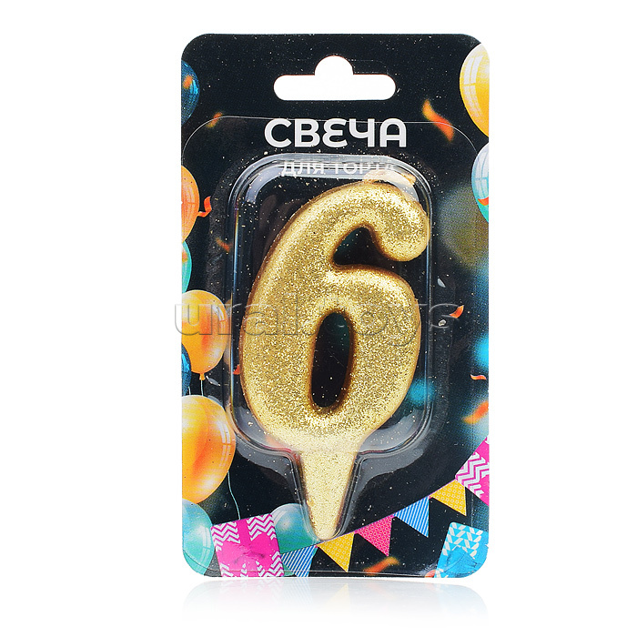 Свеча Цифра, 6 Овал, Золото, с блестками, 7 см, 1 шт.