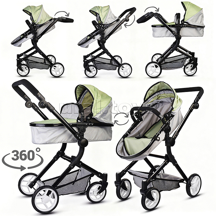 Коляская кукольная металлическая, прогулочная, с корзиной, серо-зеленая