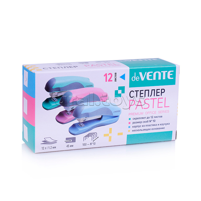 Степлер "Pastel" № 10 (мощность 12 листов, глубина скрепления 45 мм) пластиковый с каучуковой вставкой, в картонной коробке, 3 пастельных цвета ассорти