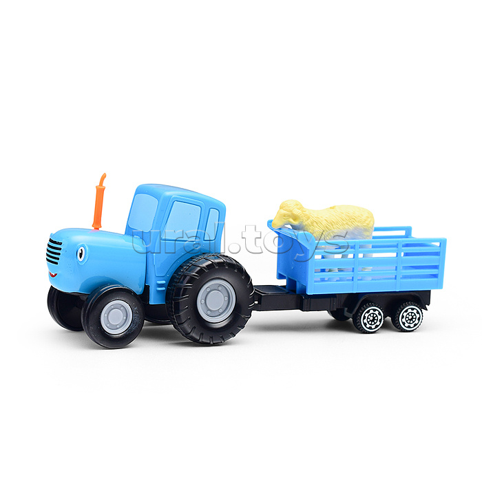 Машина металл Синий трактор с телегой 7,5 см, синий,