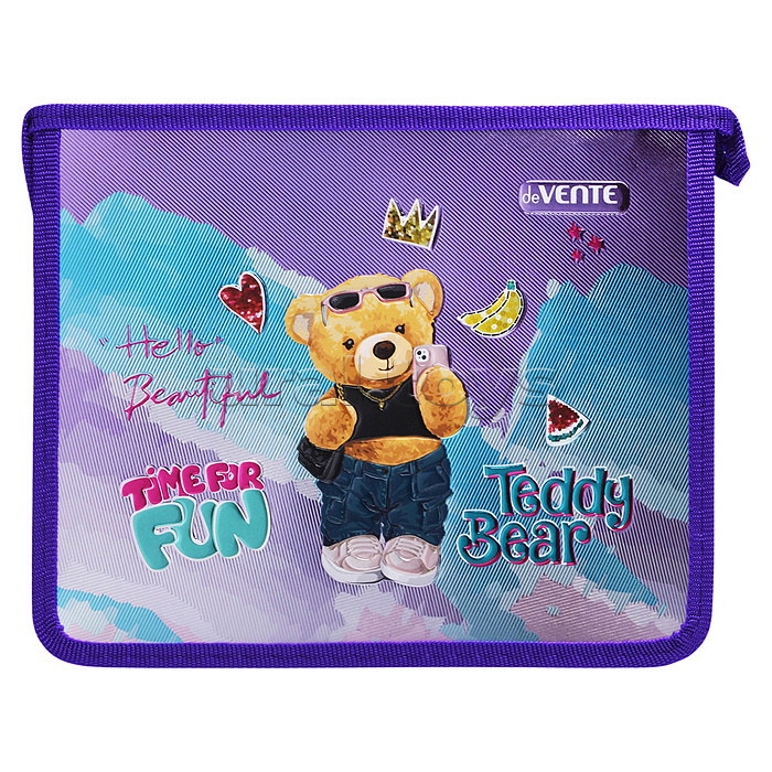 Папка для тетрадей "Teddy Bear" A5 (24x19,8x4,5 см) с текстильным расширением 4,5 см, на молнии сверху, картон с покрытием из фольги с конгревным тиснением