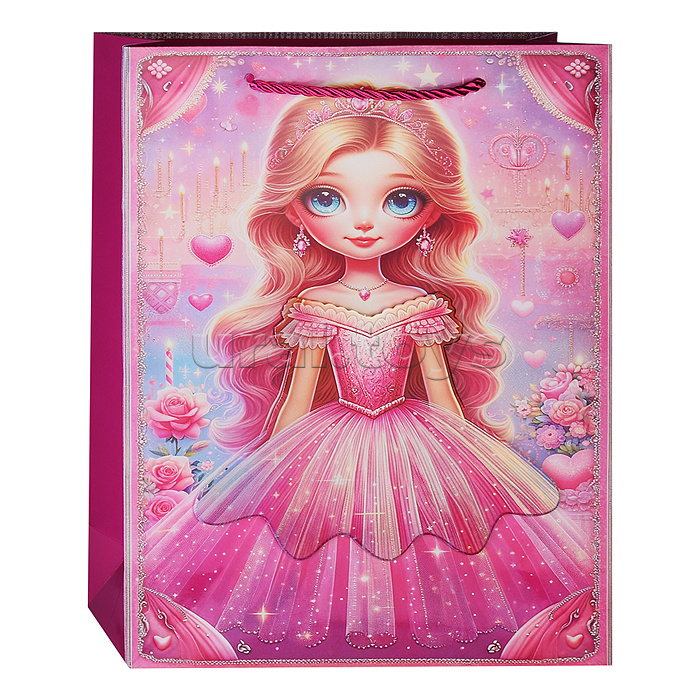 Пакет подарочный бумажный "Princess" вертикальный, размер 26x32x10 см, тиснение фольгой 3-d, бумага 210 г/м², ассорти 4 дизайна