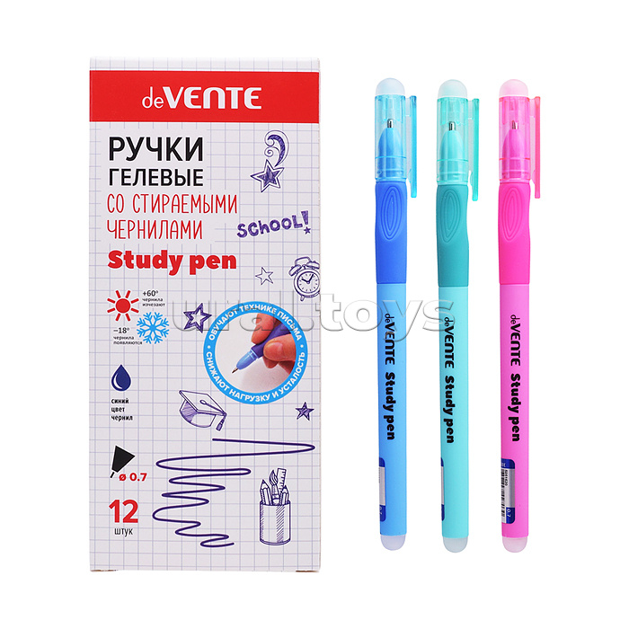 Ручка гелевая стираемая "Study Pen. School" d=0,7 мм, корпус ассорти 3 цвета с покрытием Velvet Touch, с эргономичным каучуковым держателем, с 2-мя ластиками (в колпачке и на конце корпуса) сменный стержень, индивидуальная маркировка, синяя
