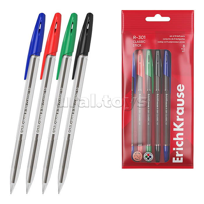 Набор из 8 ручек шариковых R-301 Stick Classic 1.0, цвет чернил: синий - 2, черный - 2