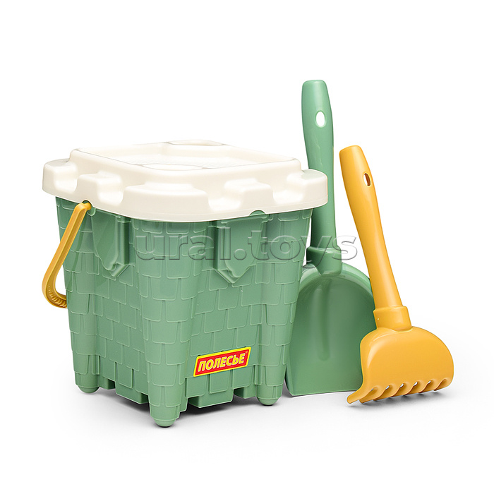 Набор №691: ведро-замок большое №2, ситечко-крепость большое, лопатка №5, грабельки №5 (бледно-зелёный)