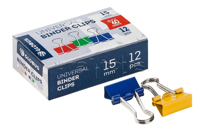Зажимы для бумаг 15 мм 12 шт., цветные