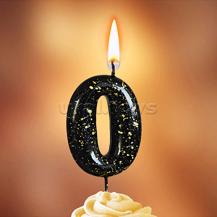 Свеча Цифра, 0 Золотые брызги, на шпажке, Черный, Металлик, 4,3 + 5,2 см, 1 шт. с держат.