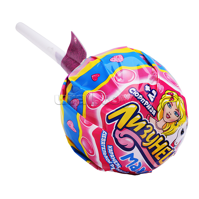 Лизунец MAXI. Карамель на палочке с жевательной резинкой и подарком в наборе (для девочек) 125гр*24шт.