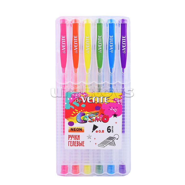 Набор ручек гелевых 6 флуоресцентных неоновых цветов, d=0,8 мм, прозрачный корпус с металлическим наконечником, сменный стержень, в пластиковой коробке с подвесом