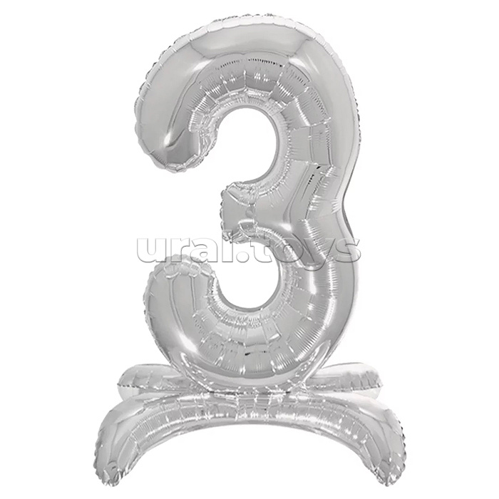 Шар (32''/81 см) Цифра на подставке, 3, Серебро, 1 шт. в уп.
