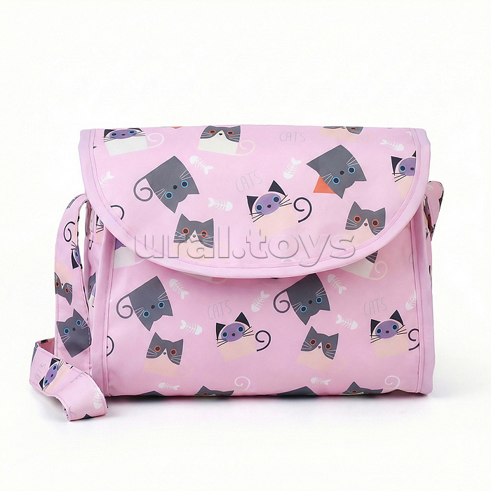 Коляская кукольная прогулочная,металлическая, складная, с корзиной и сумкой, принт коты