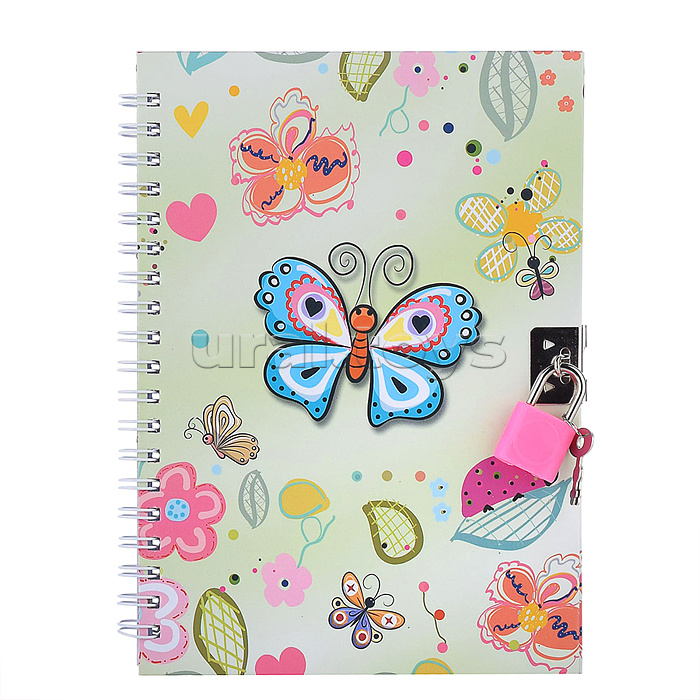 Блокнот 13х18 см "Бабочки", 48 листов, с замочком, линованный внутренний блок, плотность бумаги 70 г/м2, 4 дизайна в ассортименте, ОПП-упаковка