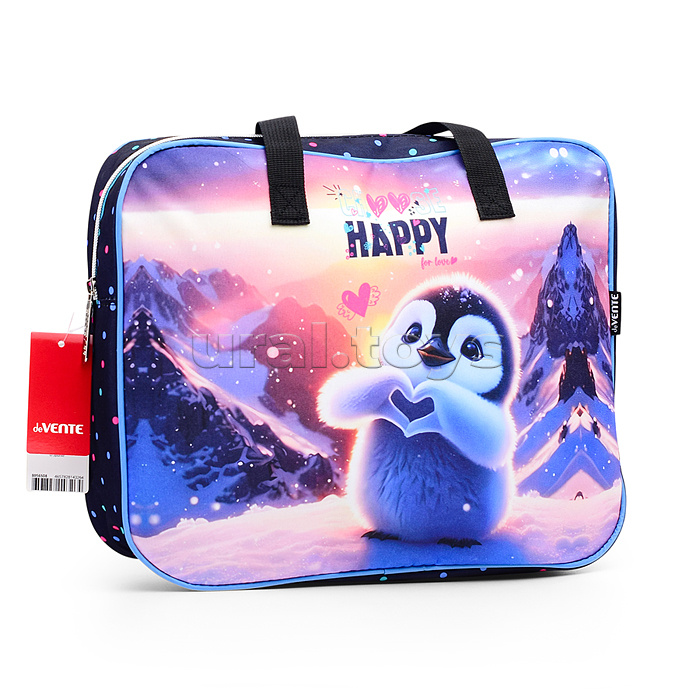 Папка для тетрадей, ИЗО и технологии "Happy Pinguin" A4 (36x28x8 см) плотный износостойкий полиэстер с водоотталкивающей пропиткой, с каучуковой аппликацией, с текстильным расширением 8 см, на молнии сверху, каучуковая аппликация, с внутренним карманом, с