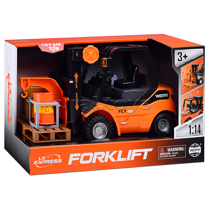 Погрузчик "Вилочный" с поддоном и бочками, 1:14 (свет, звук) в коробке