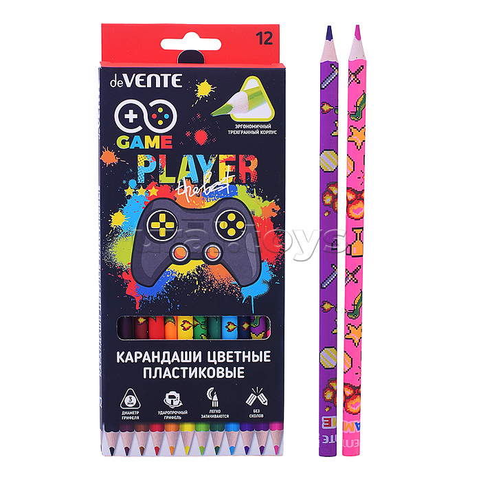 Карандаши цветные пластиковые "Game" 12 цв., 2М, диаметр грифеля 3 мм, трёхгранные Карандаши цветные пластиковые "Game" 12 цв., 2М, диаметр грифеля 3 мм, трёхгранные