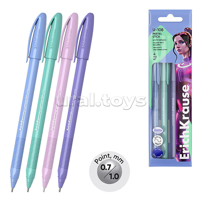 Набор из 4 ручек шариковых U-108 Stick Pastel, 0.7, Ultra Glide Technology, цвет чернил синий (в пакете) Набор из 4 ручек шариковых U-108 Stick Pastel, 0.7, Ultra Glide Technology, цвет чернил синий (в пакете)