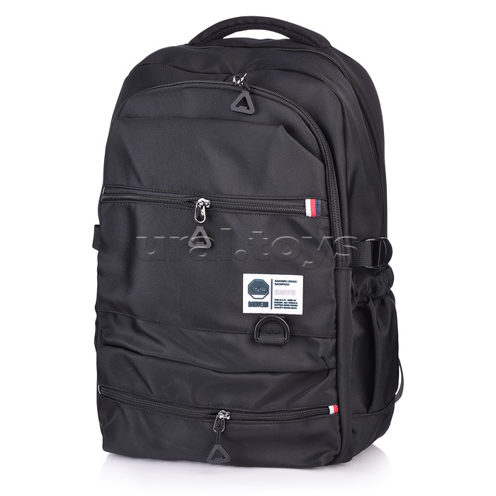 Рюкзак школьный, 1 основное отделение на молнии, 3 передних кармана на молнии, 2 боковых кармана, материал - плотный 600D водоотталкивающий полиэстер, черный, 43x32x22