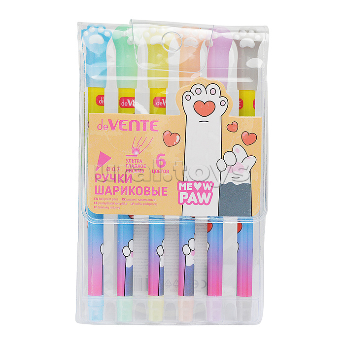 Набор ручек шариковых "Meow Paw" 6 цветов, d=0,7 мм, пластиковый корпус