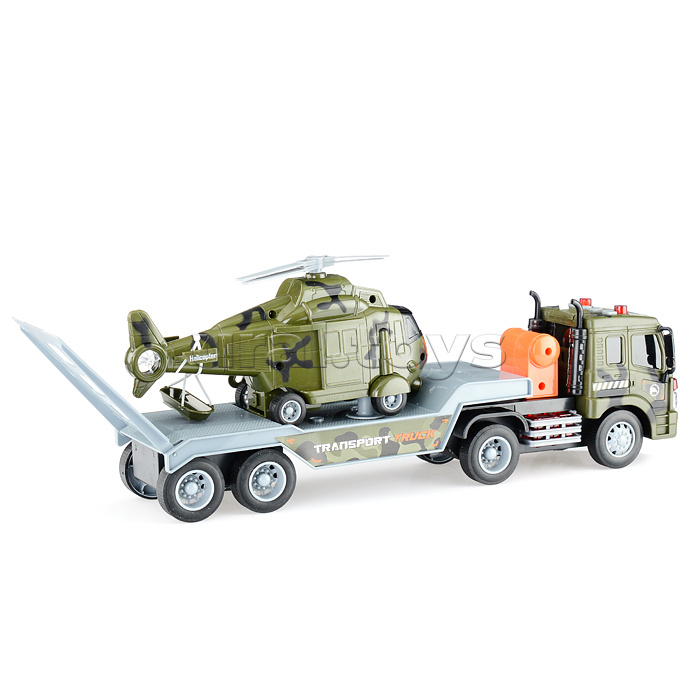 Автовоз "Военный" с вертолетом 1:16 (свет, звук) в коробке (зеленый)