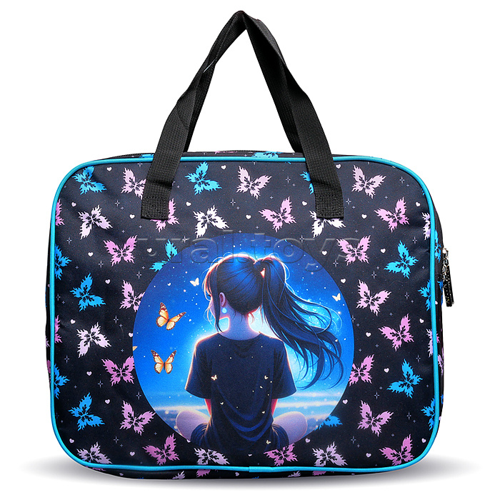 Папка для тетрадей, ИЗО и технологии "Butterfly Dreams" A4 (36x28x8 см), плотный износостойкий полиэстер с водоотталкивающей пропиткой, отделение на молнии с внутренним карманом, с текстильными ручками увеличенной длины 28 см, с текстильным расширением 8 