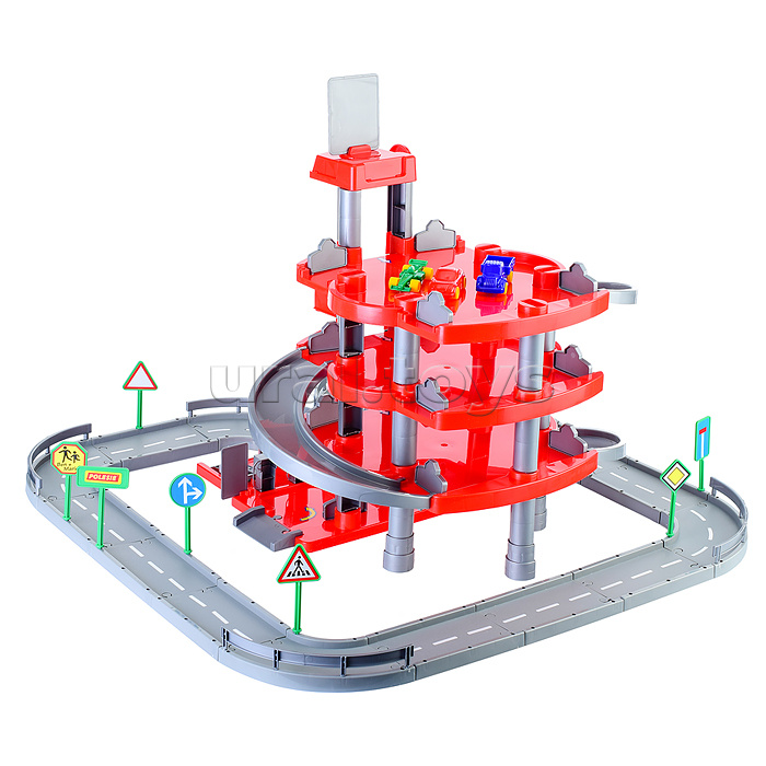 Паркинг 4-уровневый с дорогой и автомобилями, красный (в коробке)