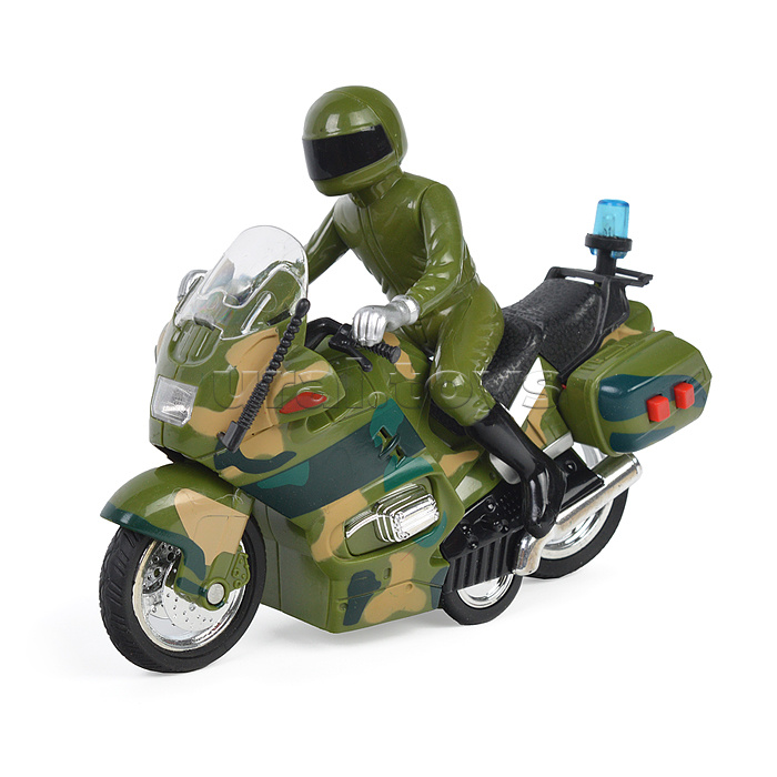 Модель пластик Мотоцикл Военный, 15 см, (свет-звук, 2 кноп, камуф,) инерц, в коробке
